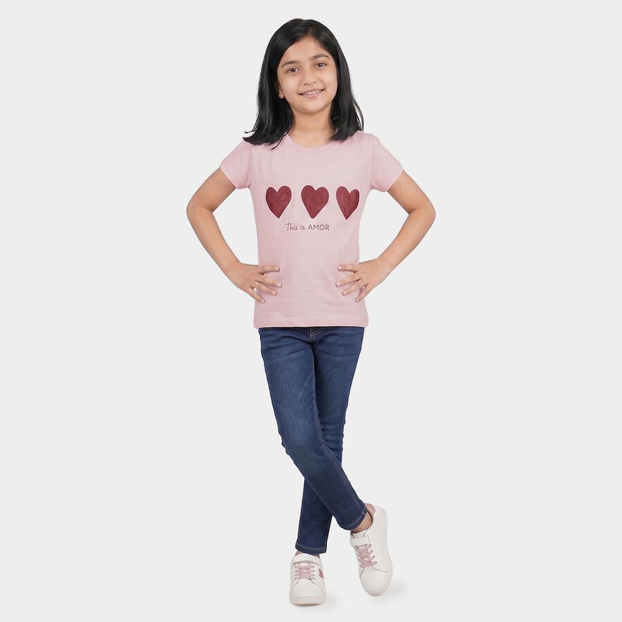 Girls Pink Round Neck Graphic Print Regular T-Shirt, गुलाबी, large