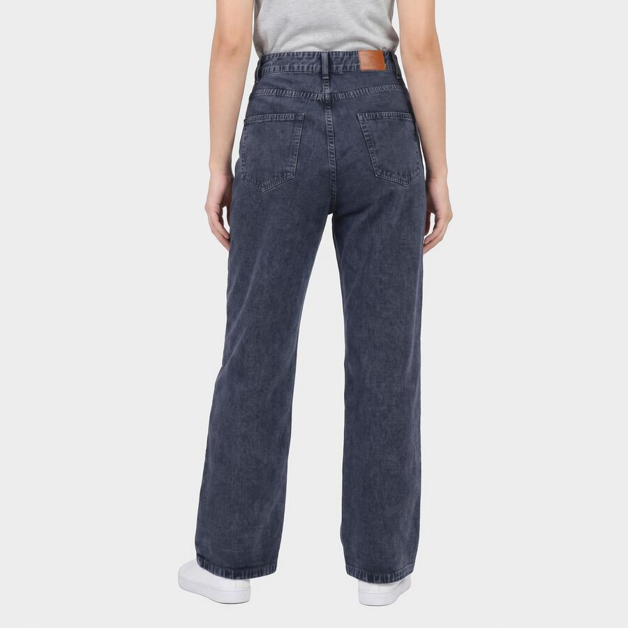 Women's Navy Blue Straight Fit Washed Jeans, मध्यम नीला, large
