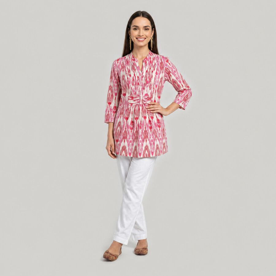 Women's Fuchsia Notch Neck Ikat Printed Kurti, Fuchsia, large