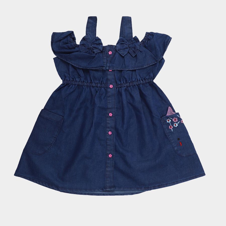 Girls' Deep Indigo Blue Regular Fit Cold Shoulder Embroidered Frock, Dark Blue, large