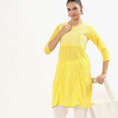 Women's Bright Yellow Round Neck Embroidered Kurta