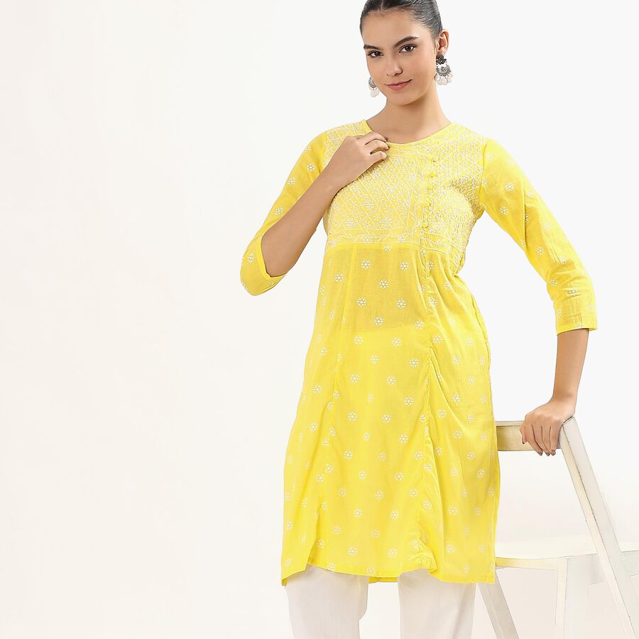 Women's Bright Yellow Round Neck Embroidered Kurta, Yellow, large image number null