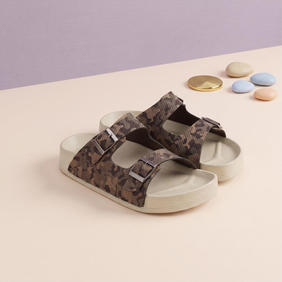 Girls' Olive Green Buckle Strap Sliders, Olive, large