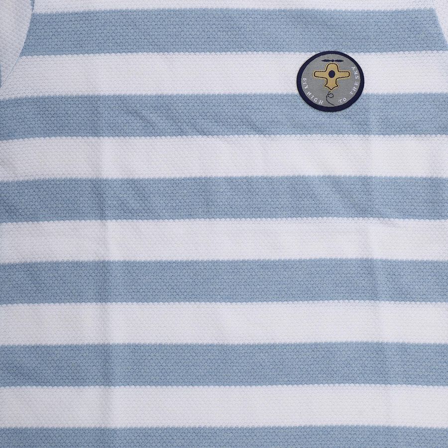 Boys' Light Blue Cotton Blend Round Neck Striped T-Shirt, हल्का नीला, large