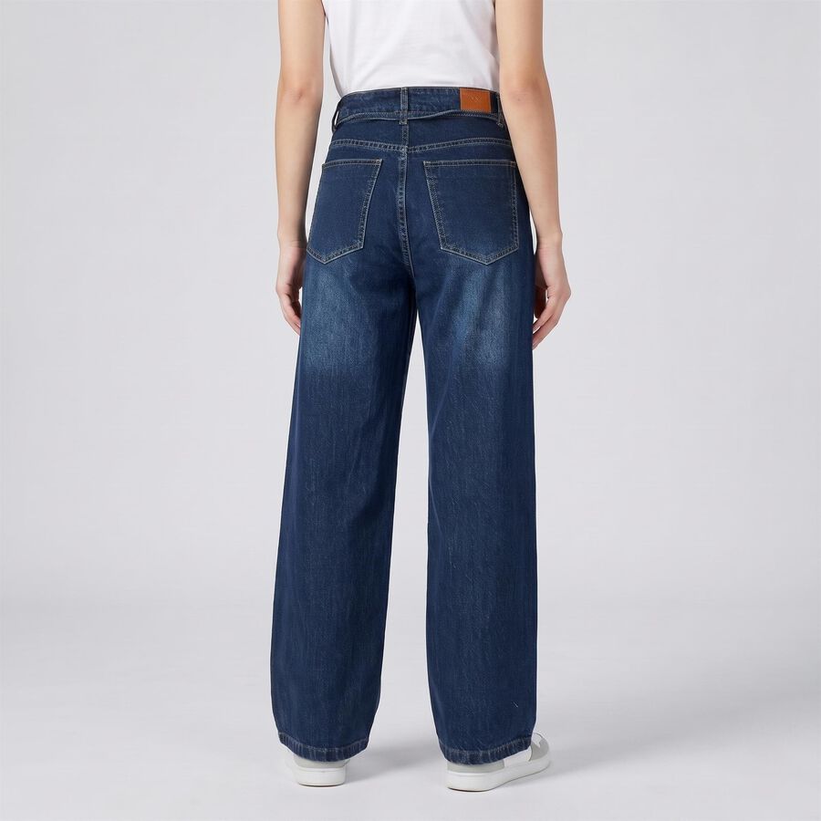 Women's Navy Blue Wide Leg Tie-Up Waist Jeans, गहरा नीला, large
