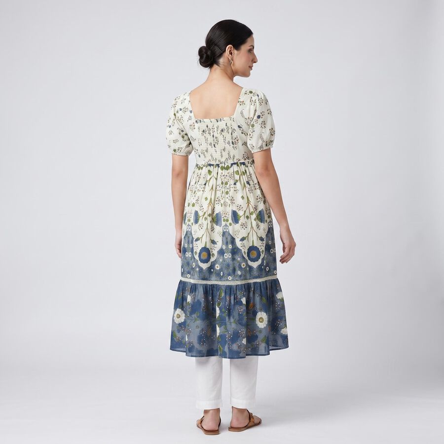 Women's Cream Cotton Square Neck Floral Printed Kurti, Off White, large