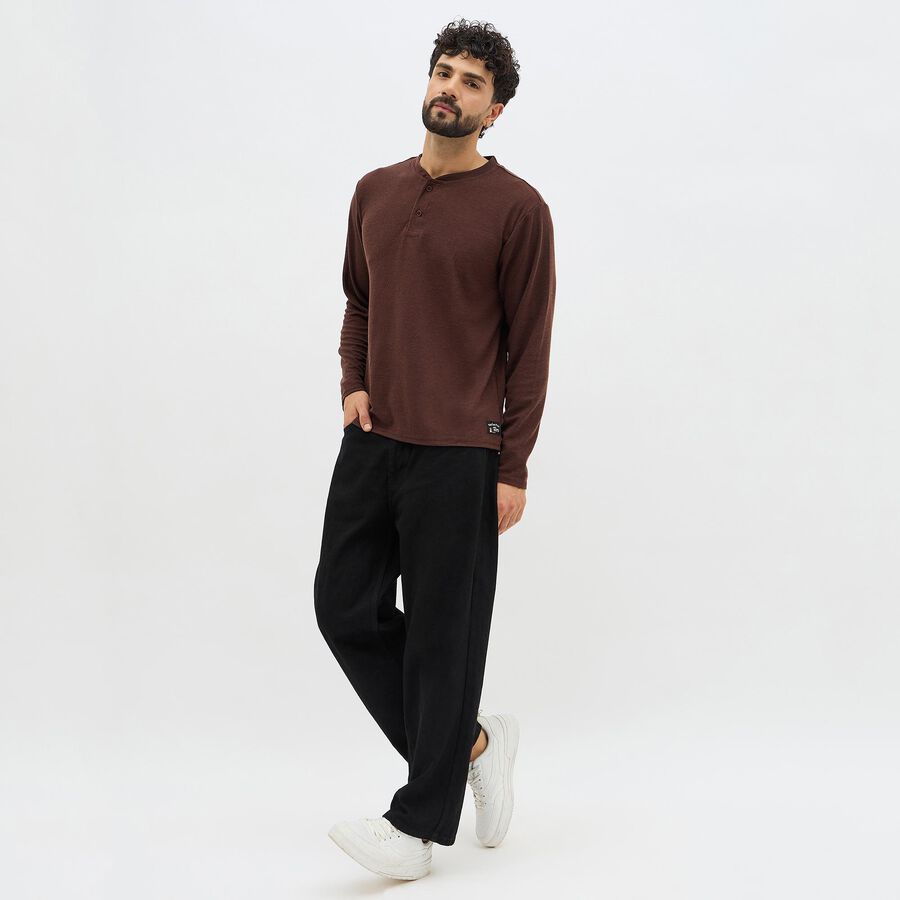 Men's Rich Brown Henley Neck Casual T-Shirt, Brown, large image number null