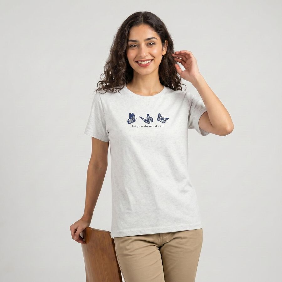 Women's Grey Round Neck Regular T-Shirt, Melange Light Grey, large