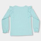 Girls' Light Aqua Blue Round Neck Ruffle Sleeve Glitter Printed Top, एक्वा, small image number null