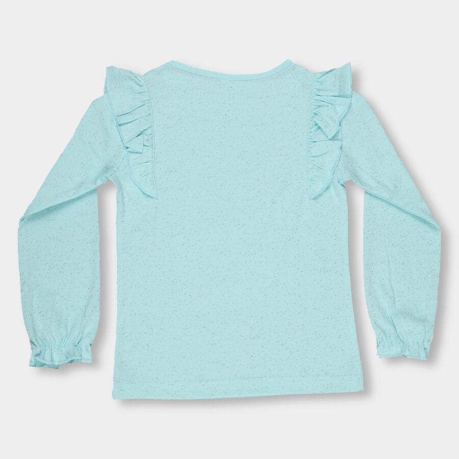 Girls' Light Aqua Blue Round Neck Ruffle Sleeve Glitter Printed Top, एक्वा, large image number null