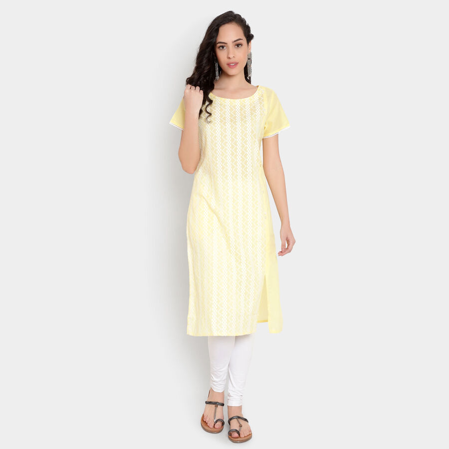 Cotton Embroidered Short Sleeves Kurta, Yellow, large image number null