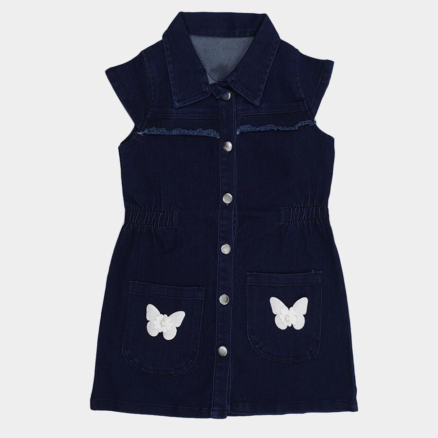 Girls' Deep Midnight Navy Button-Down Denim Frock, Dark Blue, large image number null