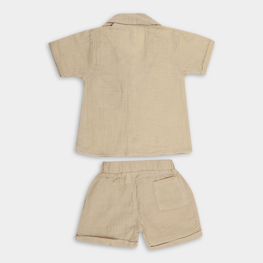 Infants' Beige Cotton Collared Textured Baba Suit, Beige, large