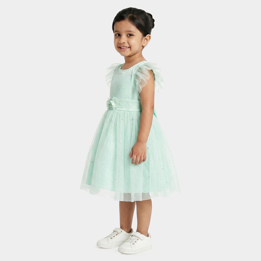 Girls' Mint Green Fit and Flare Floral Applique Party Wear Frock, हल्का हरा, large
