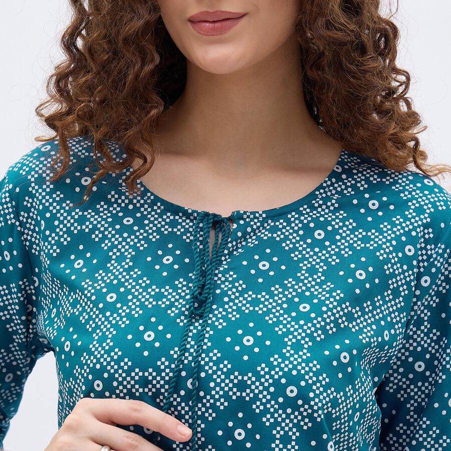 Ladies' Bright Peacock Blue Round Neck Printed Kurti, Teal Blue, large image number null