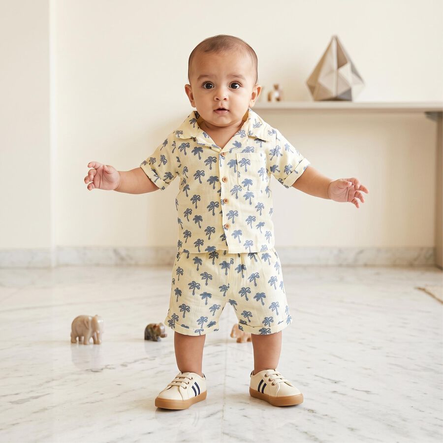 Infants' Cream 100% Cotton Camp Collar Printed Baba Suit, ऑफ व्हाइट, large