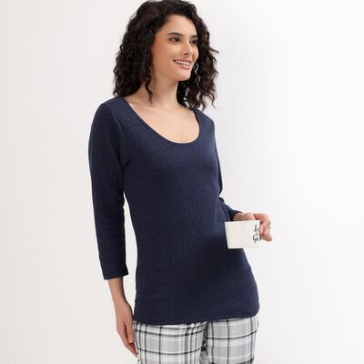 Women's Deep Midnight Navy Blue Scoop Neck Thermal