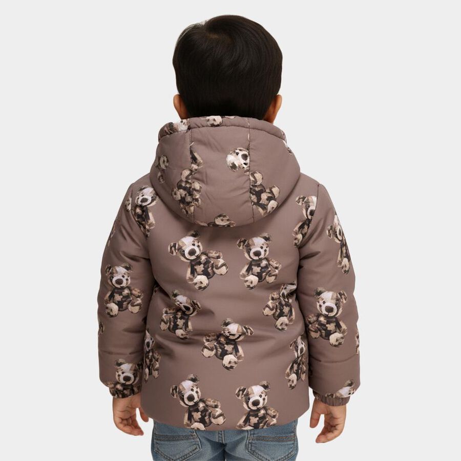 Boys Muted Brown Hooded Teddy Bear Printed Jacket, Brown, large image number null
