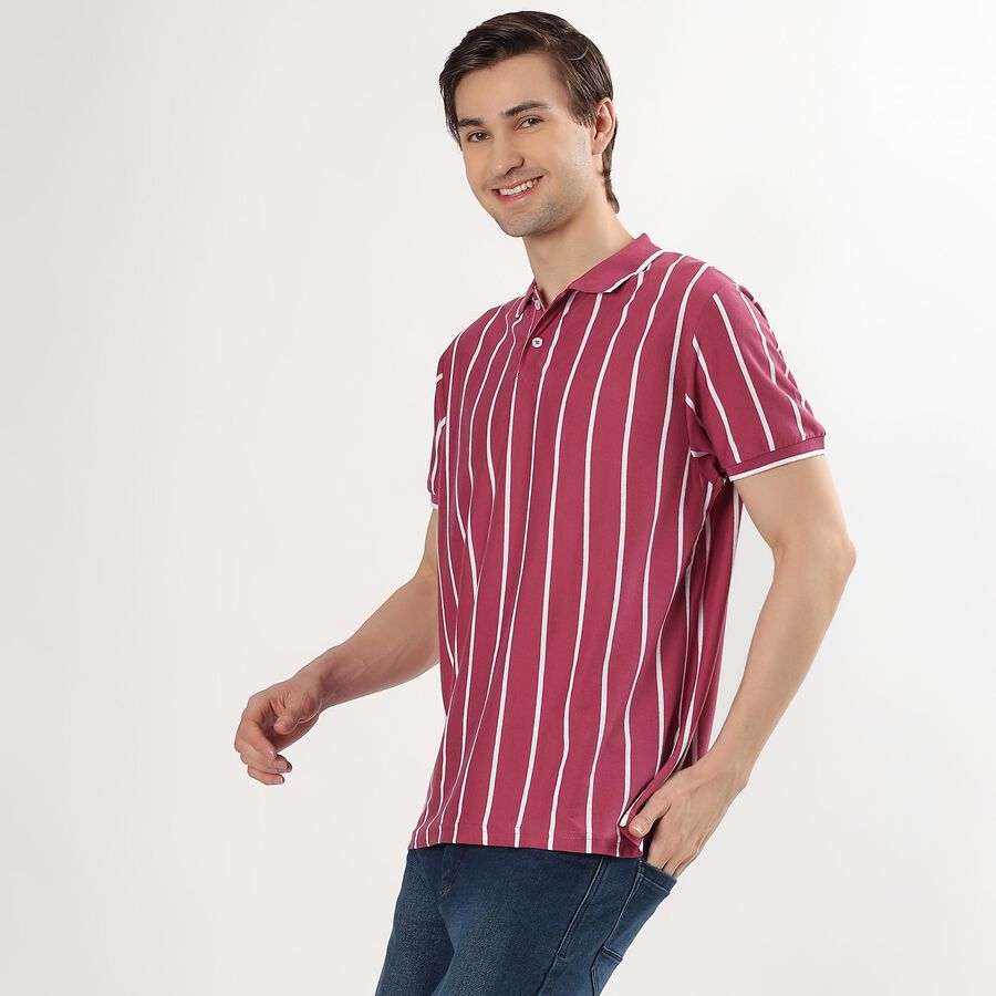 Men's Light Pink Polo Neck Striped T-Shirt, Light Pink, large image number null