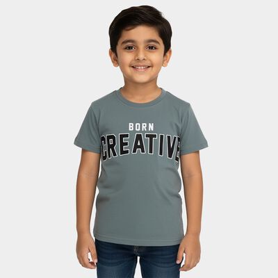 Boys Muted Olive Green Cotton Crew Neck Casual T-Shirt