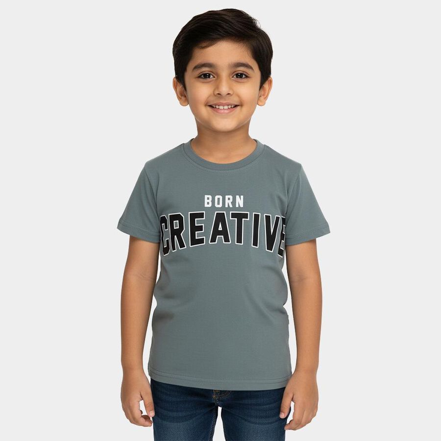 Boys Muted Olive Green Cotton Crew Neck Casual T-Shirt, Olive, large image number null