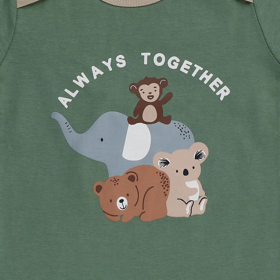 Infants' Olive Cotton Round Neck Printed Baba Suit, Olive, large