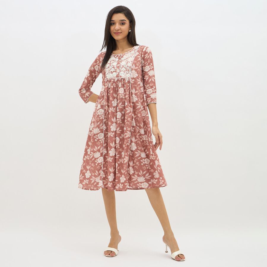 Women's Dusty Rose Pink Cotton Round Neck Embroidered Kurta, Pink, large image number null