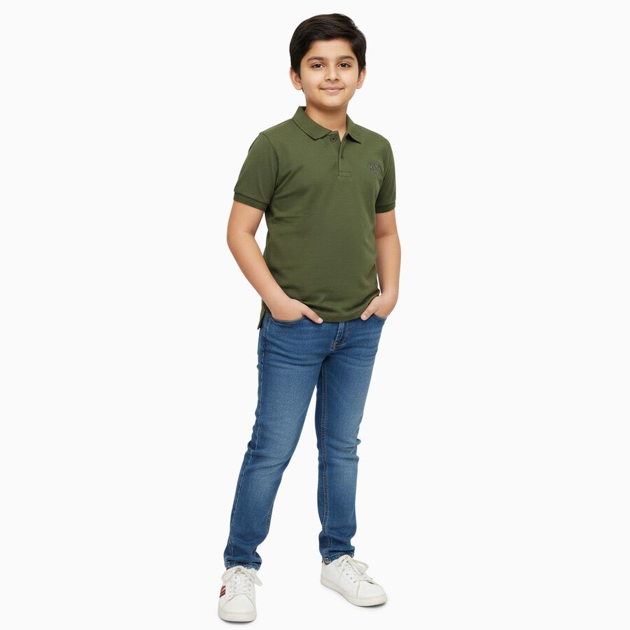 Boys Muted Olive Green Round Neck Casual Half Sleeve T-Shirt, Olive, large