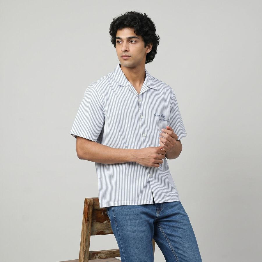 Men Light Blue Cotton Camp Collar Casual Shirt, Light Blue, large