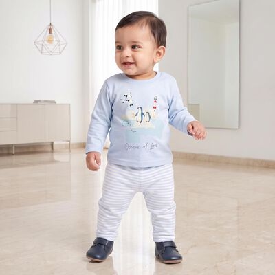 Infants' Light Blue 100% Cotton Round Neck Graphic Print Baba Suit