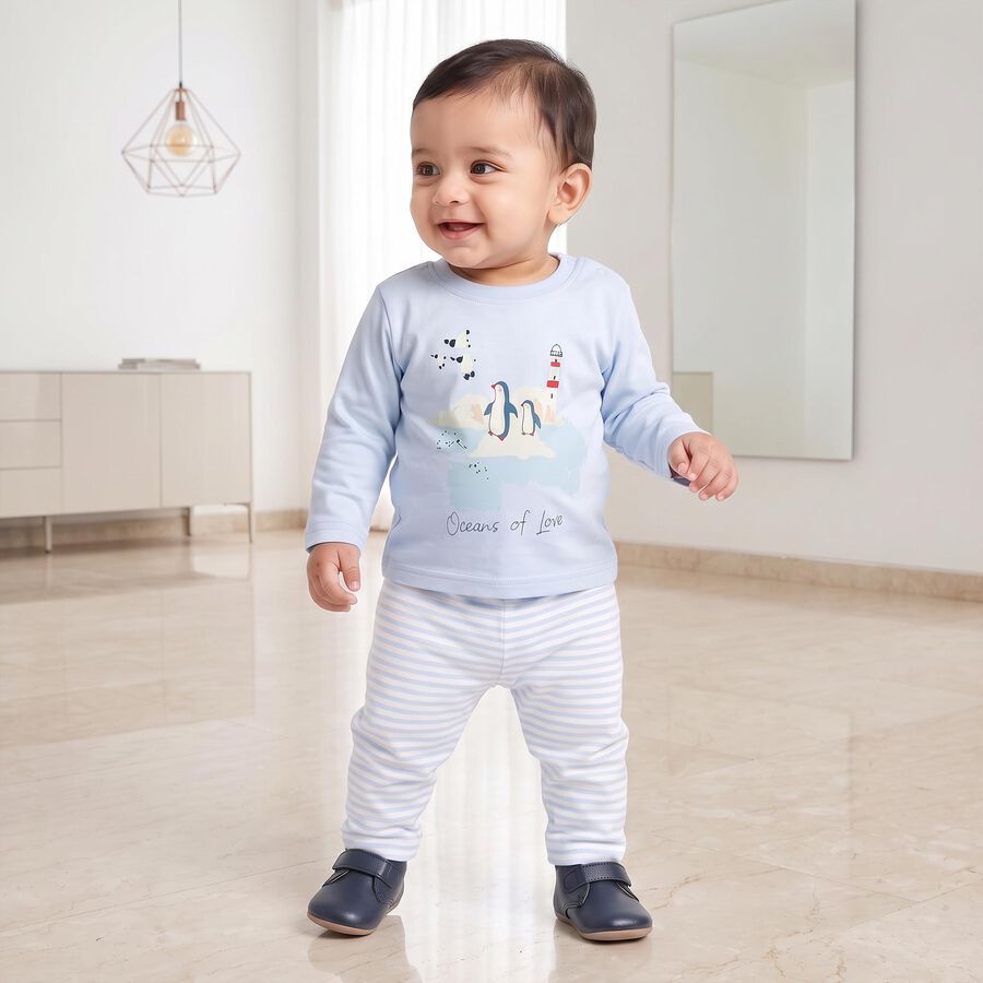 Infants' Light Blue 100% Cotton Round Neck Graphic Print Baba Suit, Light Blue, large