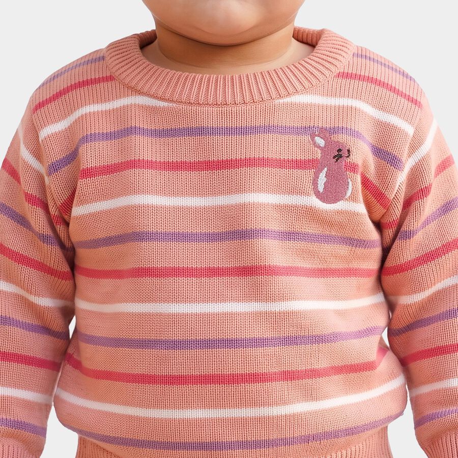 Infants Pink Crew Neck Striped Pullover, हल्का गुलाबी, large