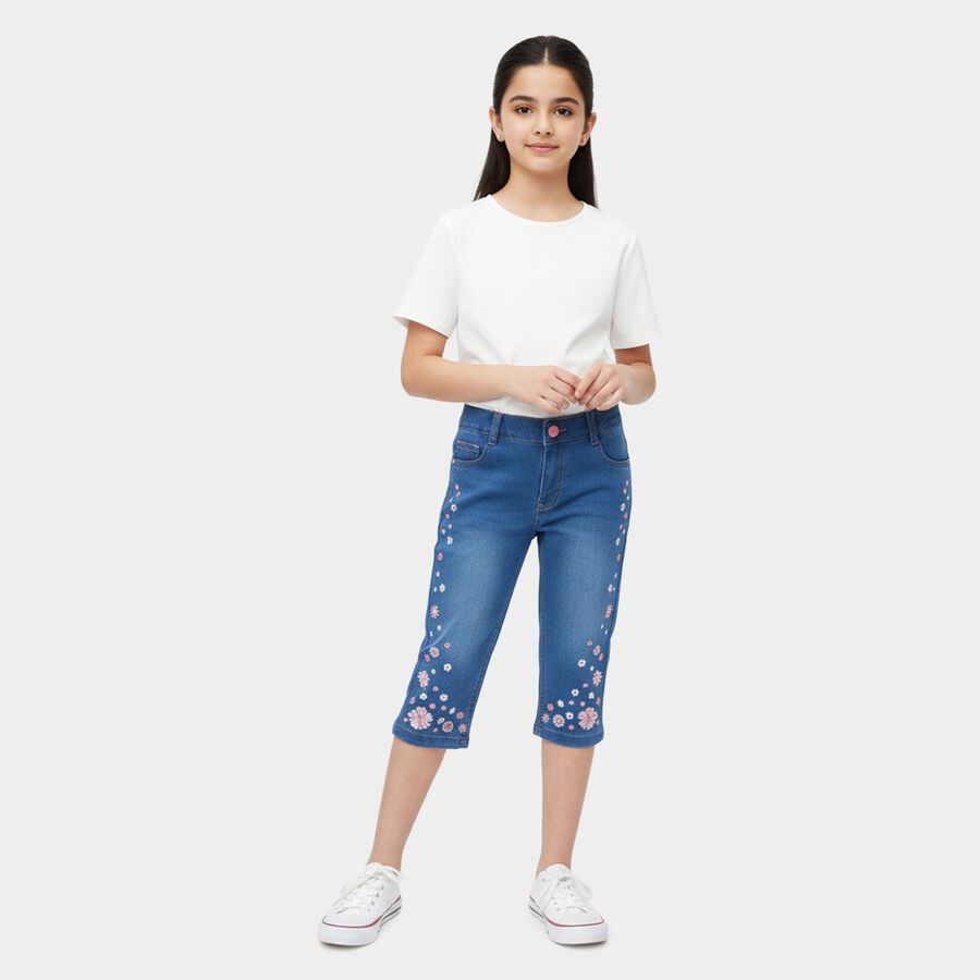 Girls Blue Regular Fit Solid Capri, मध्यम नीला, large