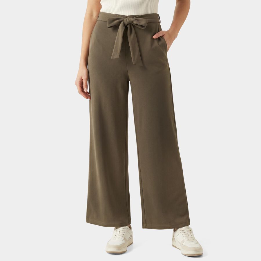 Women's Olive Green Wide Leg Tie-Up Trousers, ओलिव, large