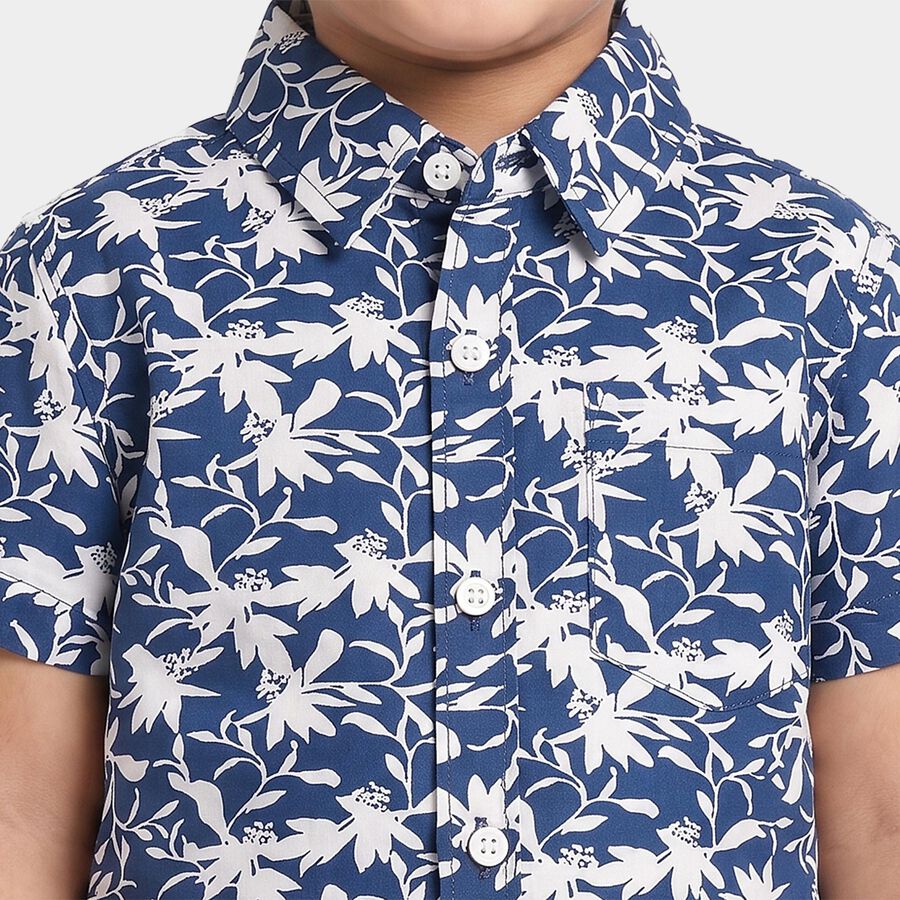 Boys Navy Blue Cotton Floral Printed Collar Shirt, Navy Blue, large
