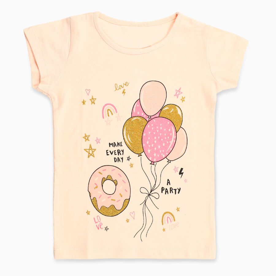 Girls' Soft Peach Cotton Round Neck Casual T-Shirt, Peach, large image number null