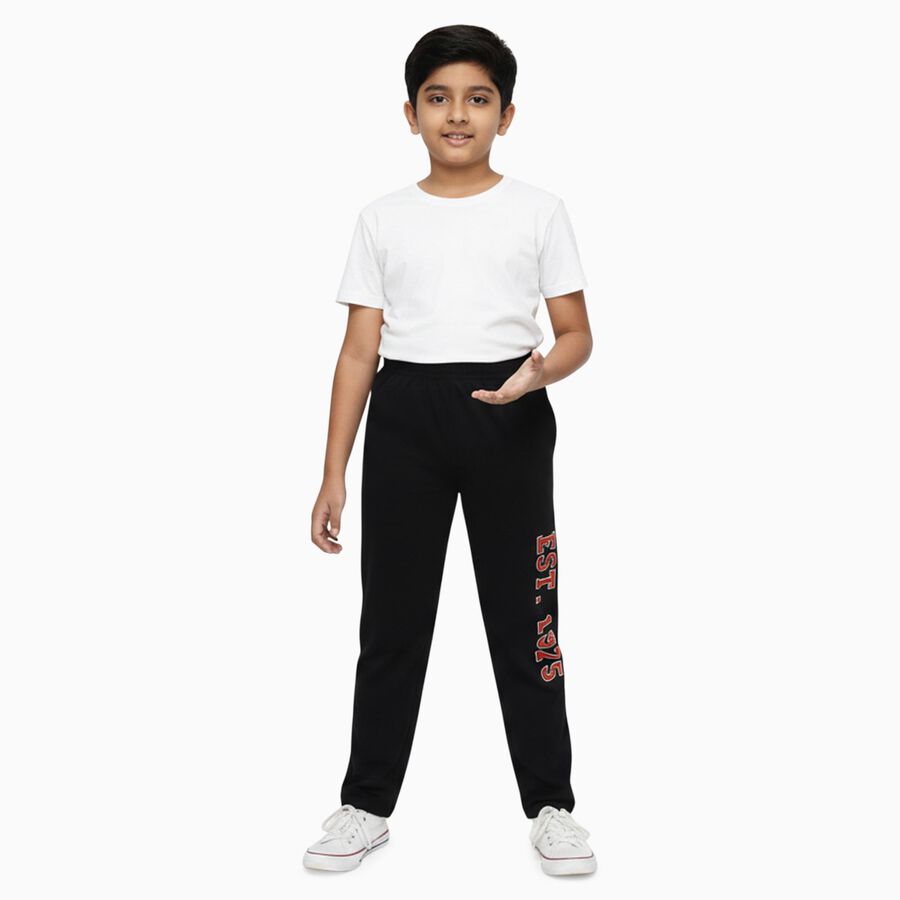Boys' Jet Black Cotton Blend Printed Pyjama, Black, large