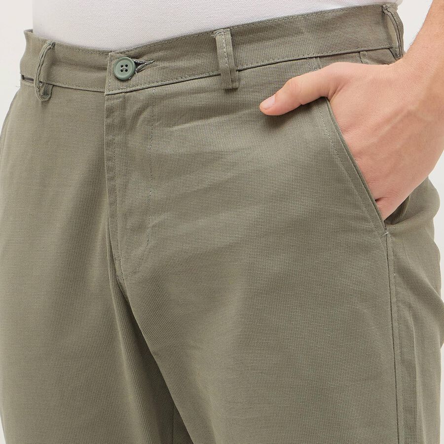 Men's Muted Olive Green Slim Fit Flat-Front Casual Trousers, गहरा हरा, large