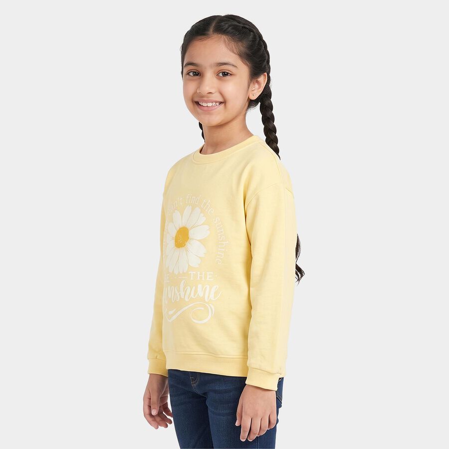 Girls Yellow Round Neck Pullover Sweatshirt, Yellow, large