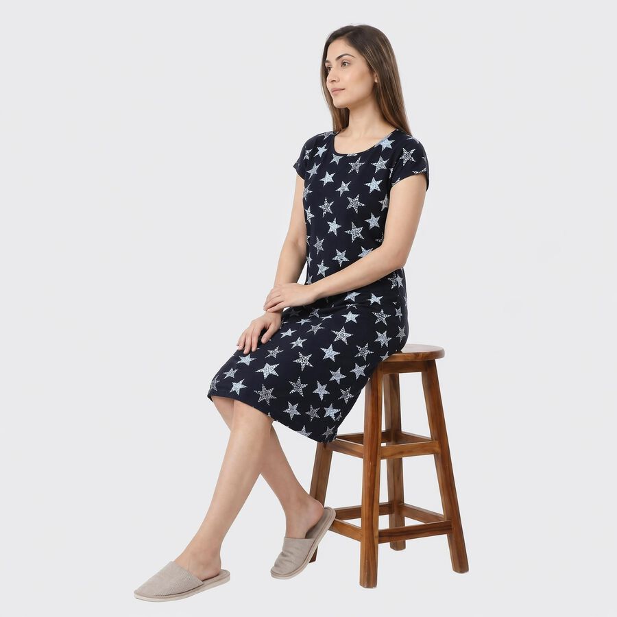 Women's Navy Blue Round Neck T-Shirt Style Nighty, नेवी ब्लू, large