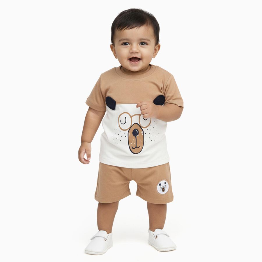 Infants' Beige Cotton Round Neck Bear Print Baba Suit, Beige, large