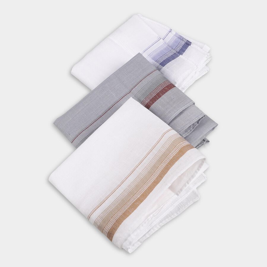 Men's White Cotton Striped Handkerchief Set, सफ़ेद, large image number null