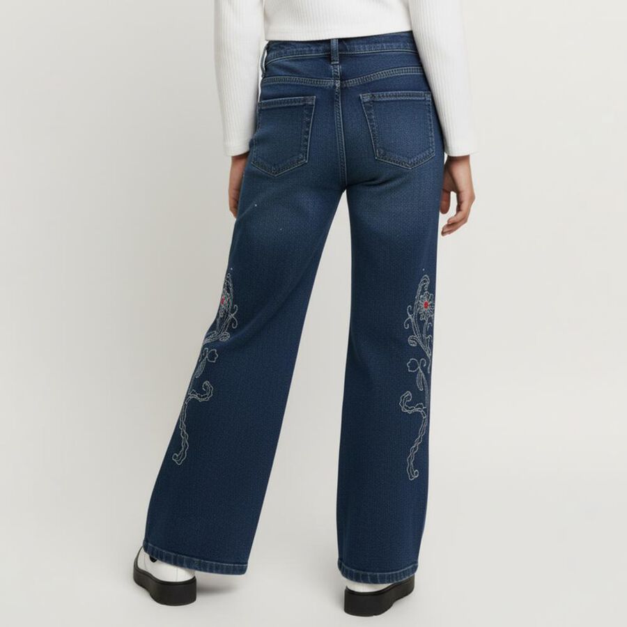Girls' Deep Indigo Wide-Leg Embroidered Jeans, Mid Blue, large image number null