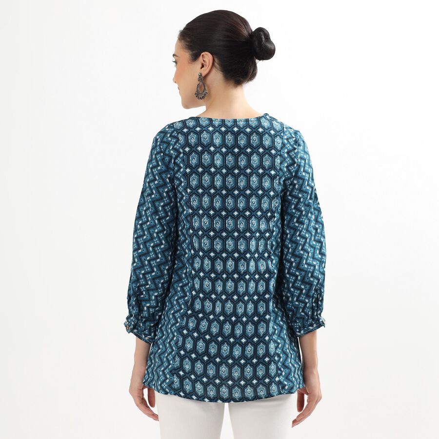 Ladies' Dark Peacock Blue Round Neck Printed Kurti, गहरा नीला, large image number null