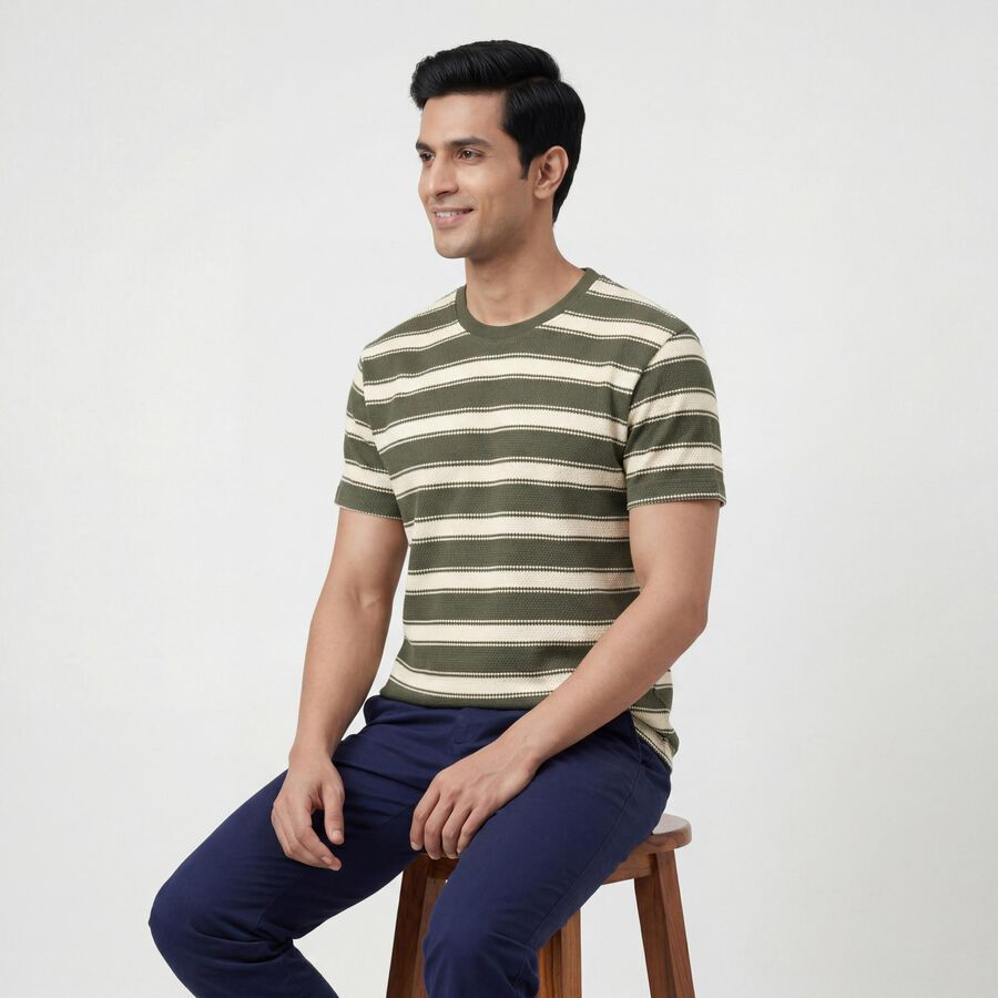 Men Olive Green Round Neck Casual T-Shirt, Olive, large