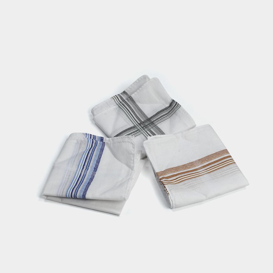 Men's White Striped Pack of 3 Handkerchief, White, large