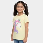 Girls' Yellow Cotton Round Neck Unicorn Printed T-Shirt, पीला, small