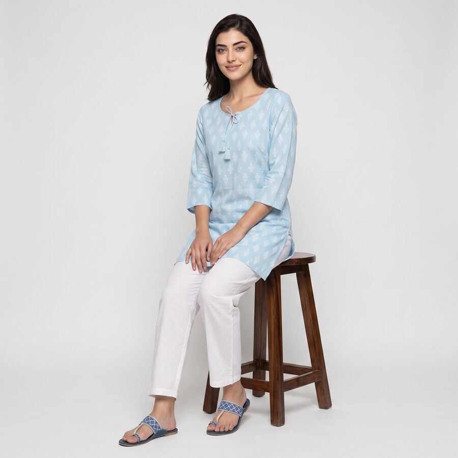 Women's Light Blue Round Neck Printed Kurta, हल्का नीला, large