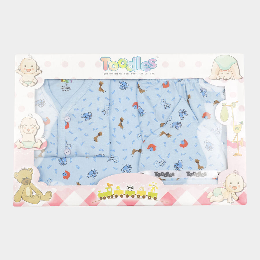 Infants Printed Cotton Baby Gift Set, Light Blue, large image number null
