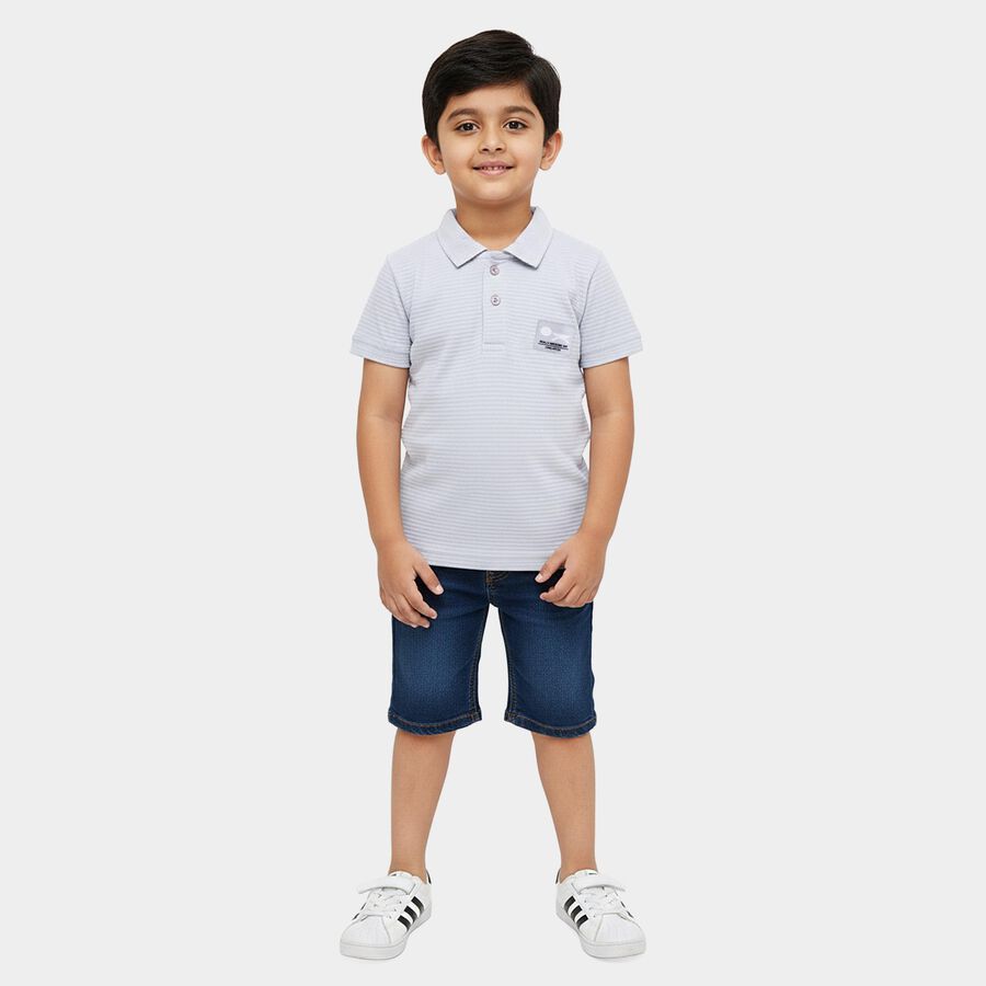 Boys' Light Blue Cotton Polo Neck Striped T-Shirt, हल्का नीला, large